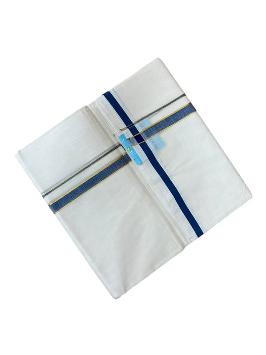 Southloom Pure Cotton Mundu with Gold Lines and Blue Border (South Indian Kerala Dhoti)