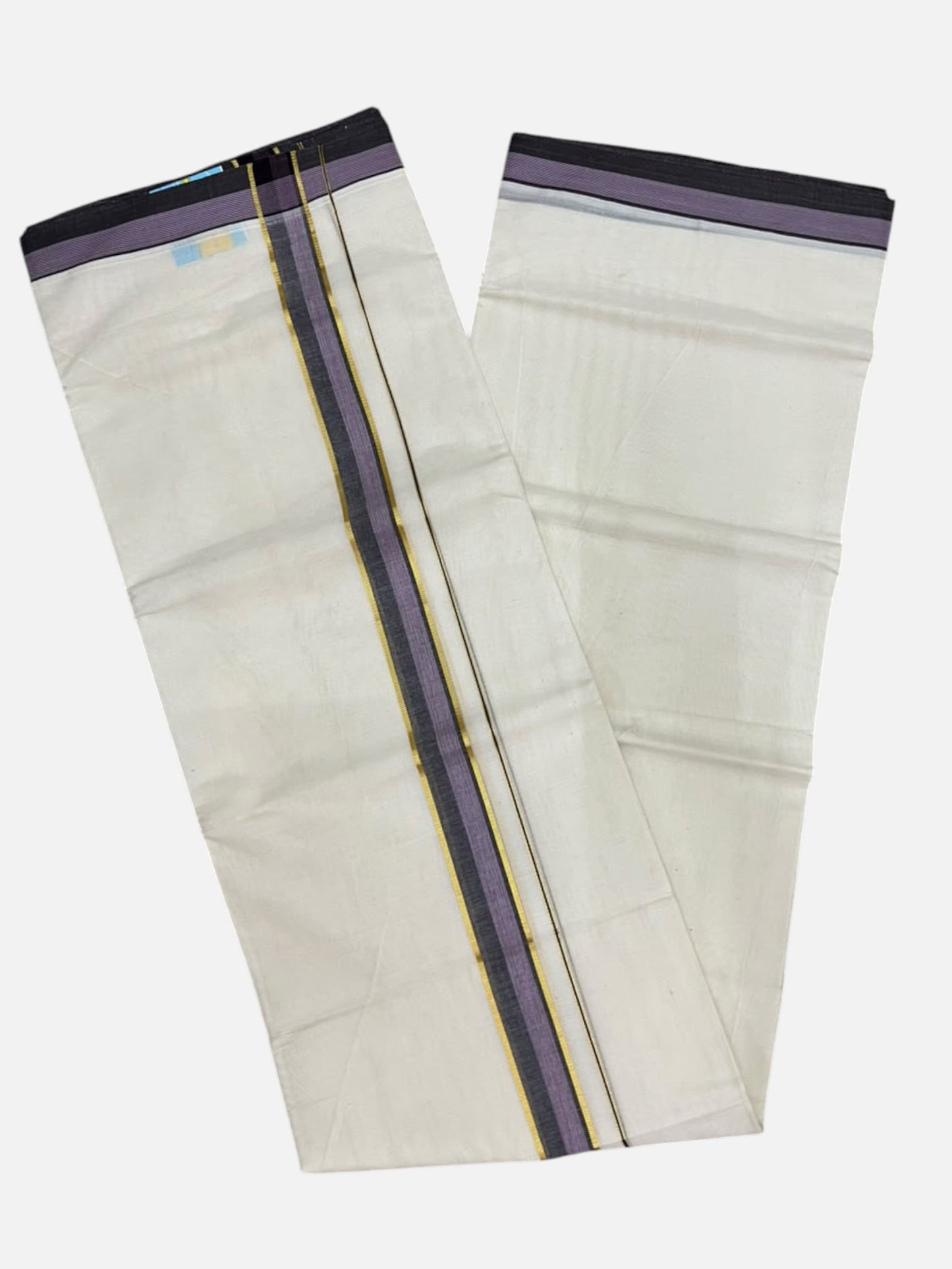 Southloom Pure Cotton Mundu with Gold Lines and Purple Border (South Indian Kerala Dhoti)