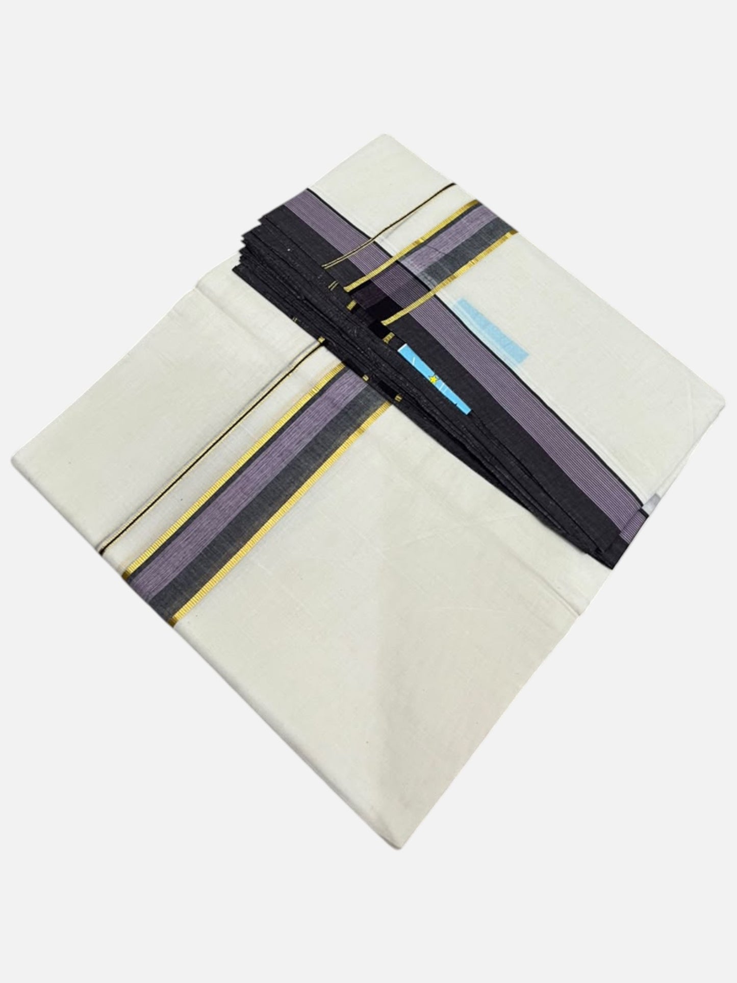 Southloom Pure Cotton Mundu with Gold Lines and Purple Border (South Indian Kerala Dhoti)