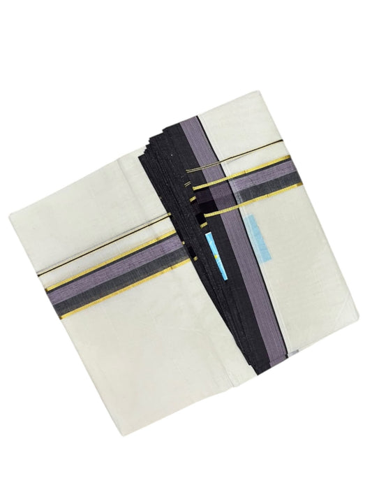 Southloom Pure Cotton Mundu with Gold Lines and Purple Border (South Indian Kerala Dhoti)