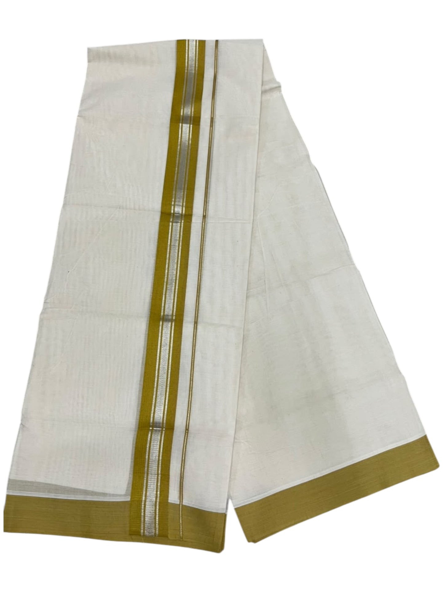 Southloom Pure Cotton Mundu with Silver Lines and Mustard Yellow Border (South Indian Kerala Dhoti)