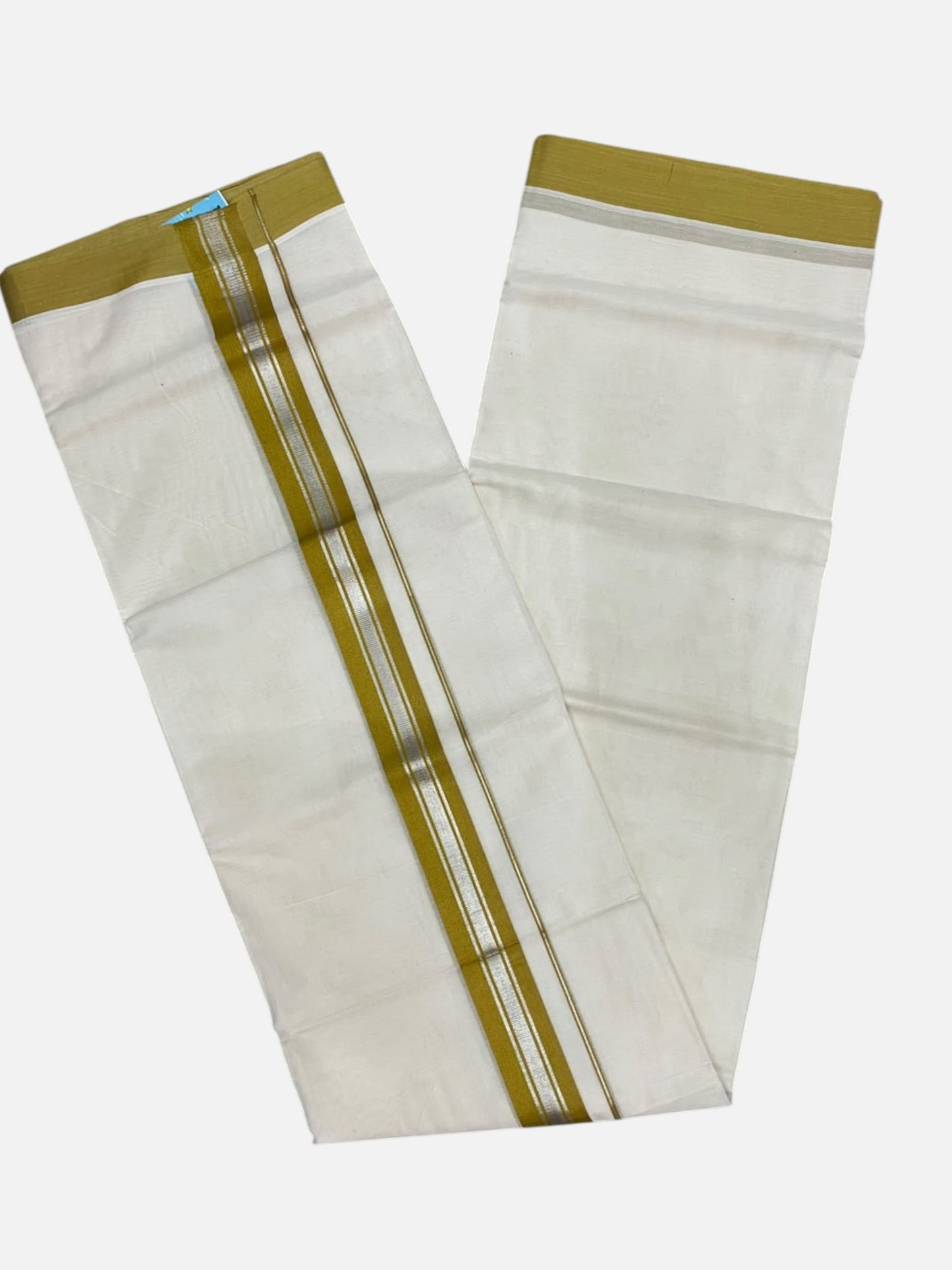 Southloom Pure Cotton Mundu with Silver Lines and Mustard Yellow Border (South Indian Kerala Dhoti)