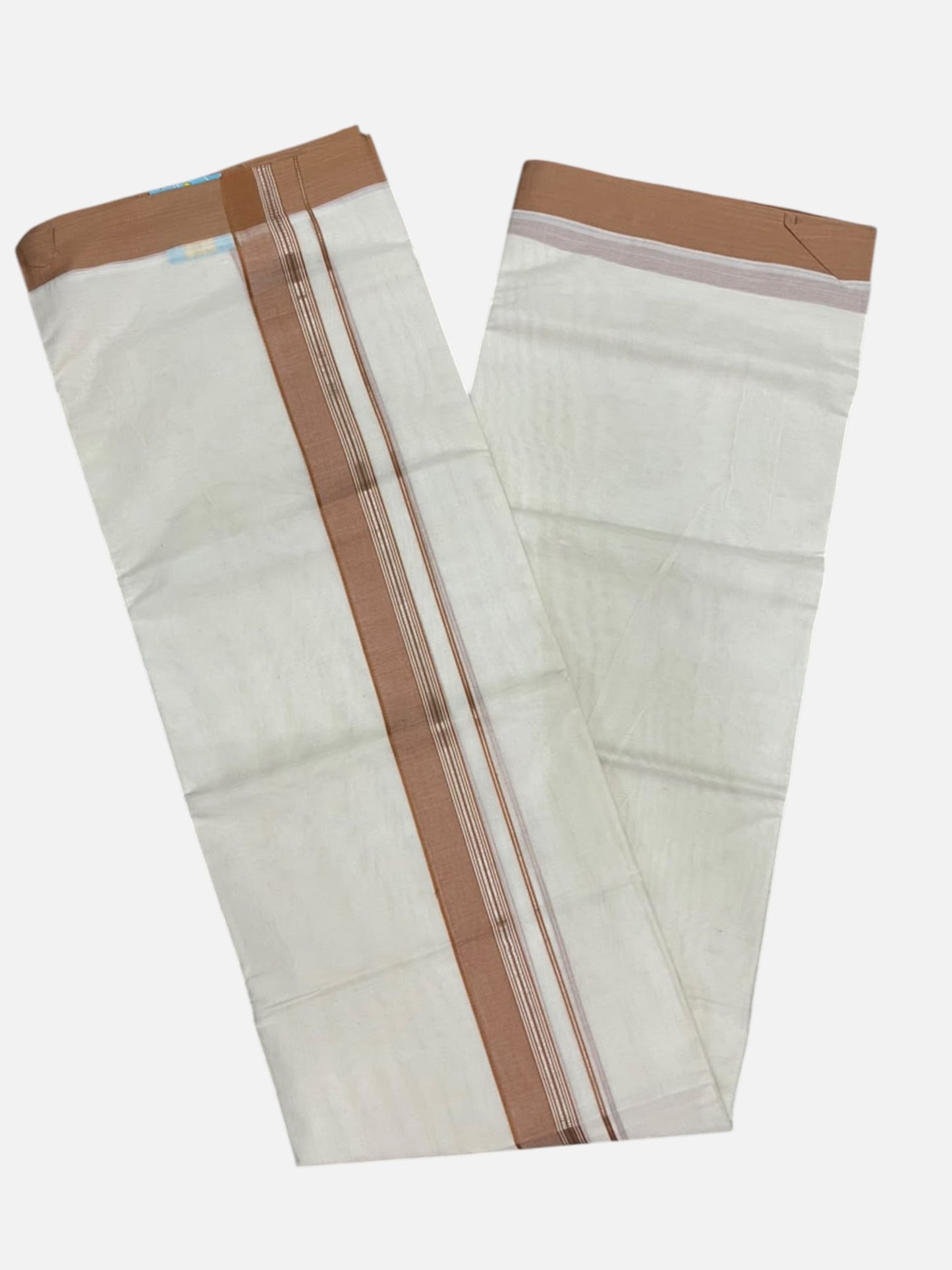 Southloom Pure Cotton Mundu with Silver Lines and Brown Border (South Indian Kerala Dhoti)