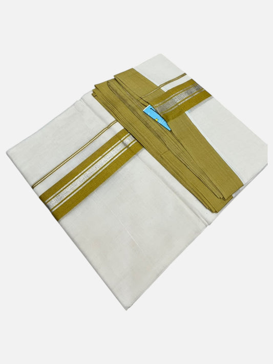 Southloom Pure Cotton Mundu with Silver Lines and Mustard Yellow Border (South Indian Kerala Dhoti)