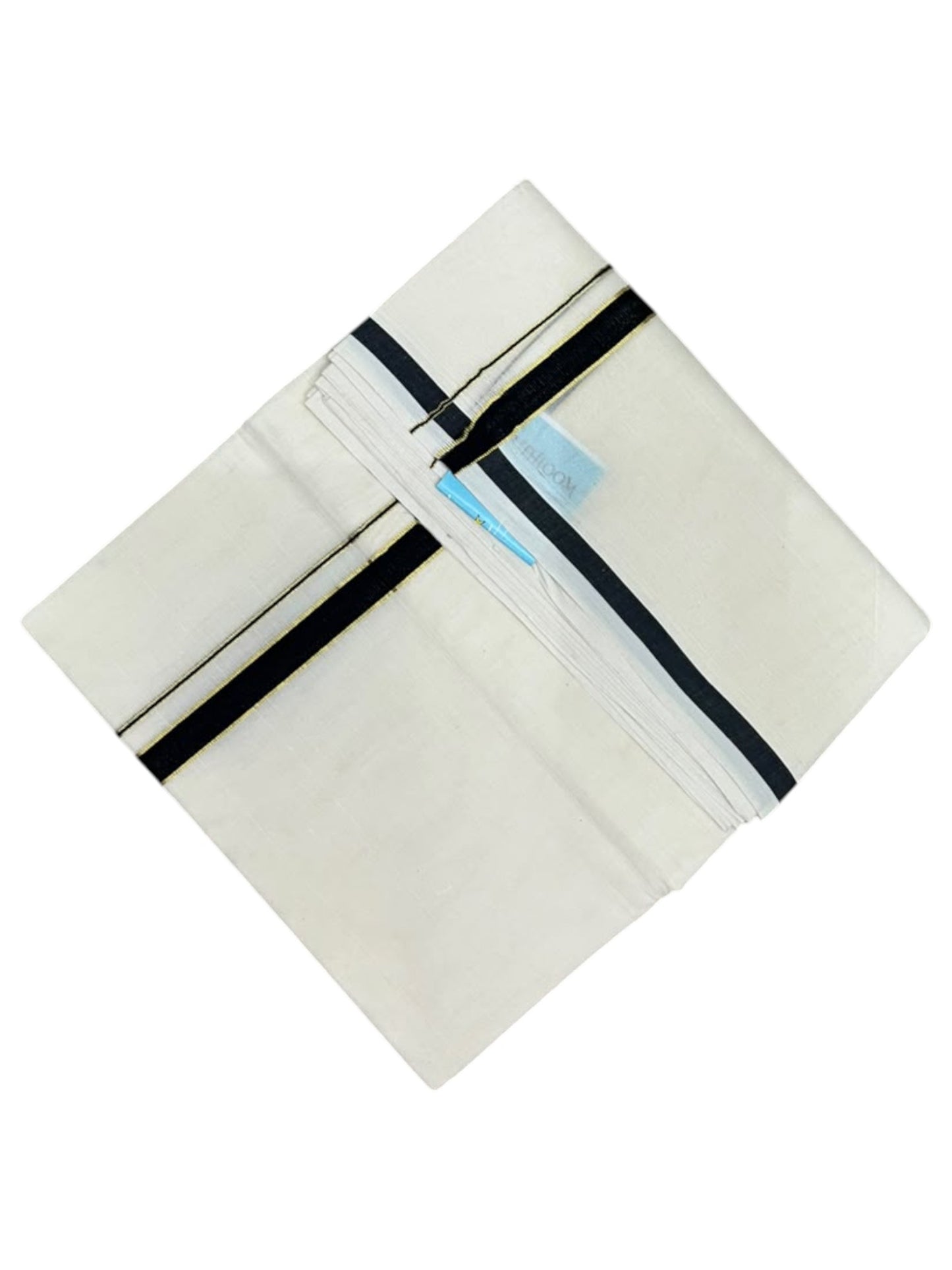 Southloom Pure Cotton Mundu with Gold Lines and Black Border (South Indian Kerala Dhoti)