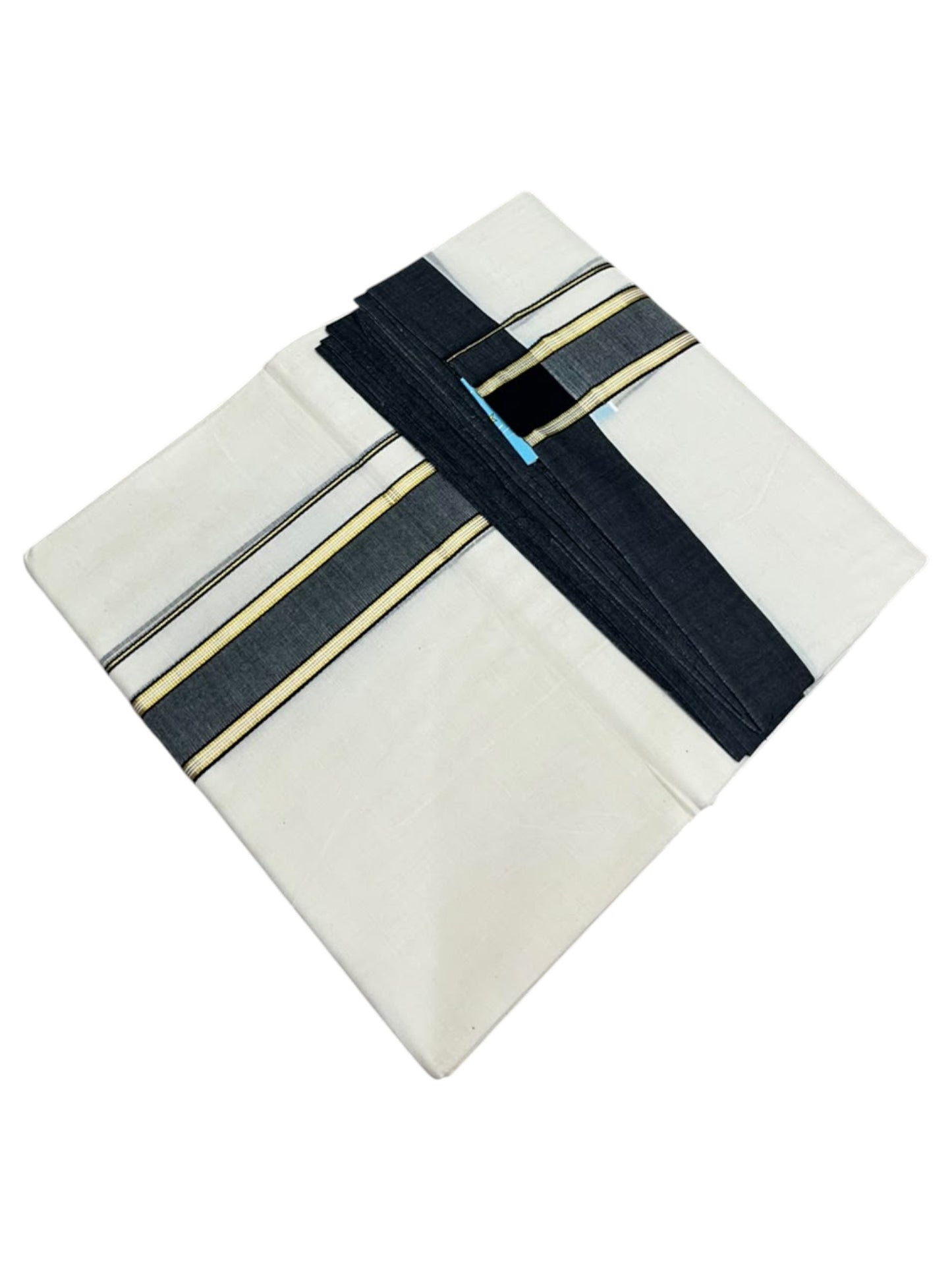 Southloom Pure Cotton Mundu with Gold Lines and Black Border (South Indian Kerala Dhoti)