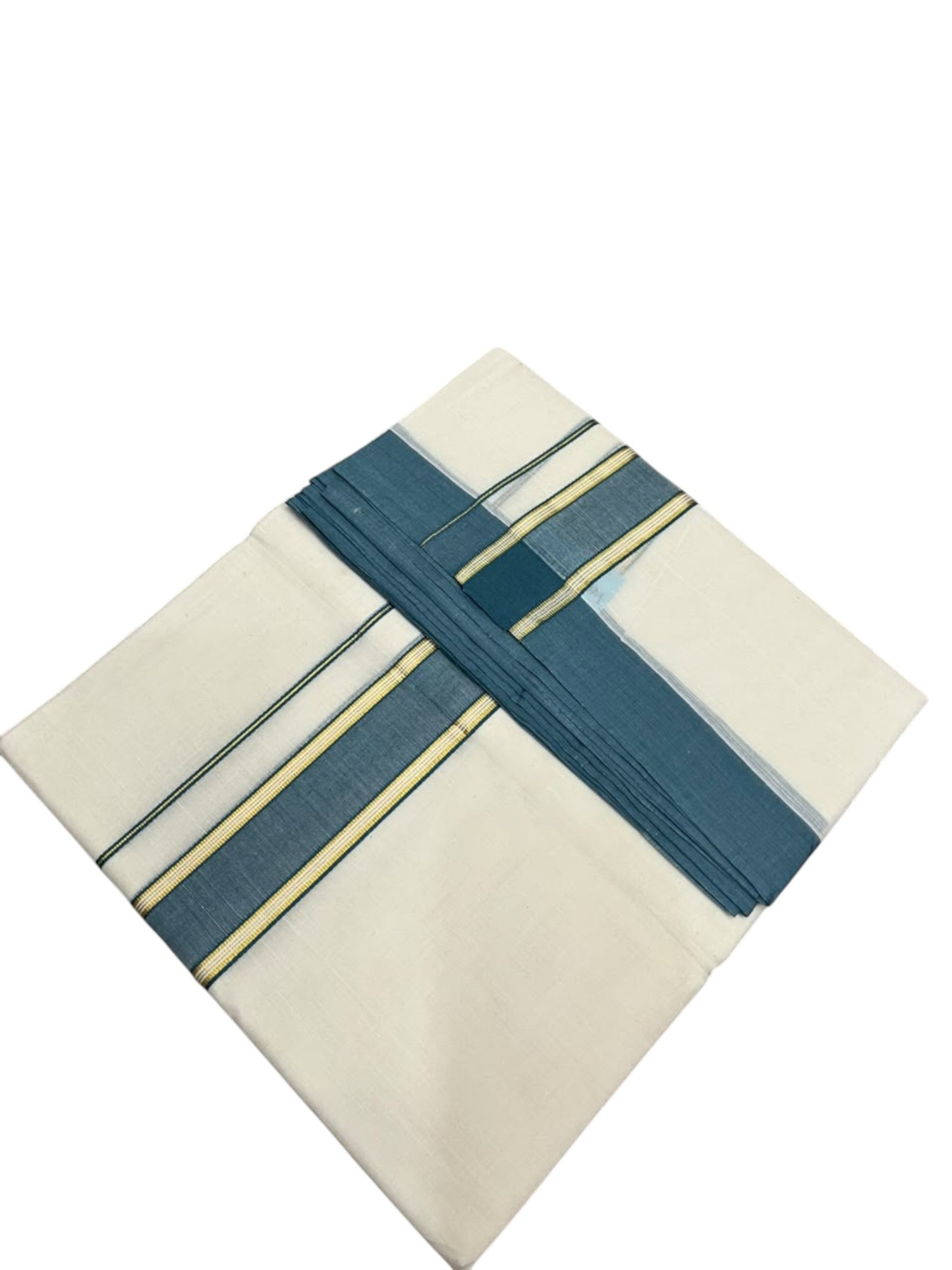 Southloom Pure Cotton Mundu with Gold Lines and Green Border (South Indian Kerala Dhoti)