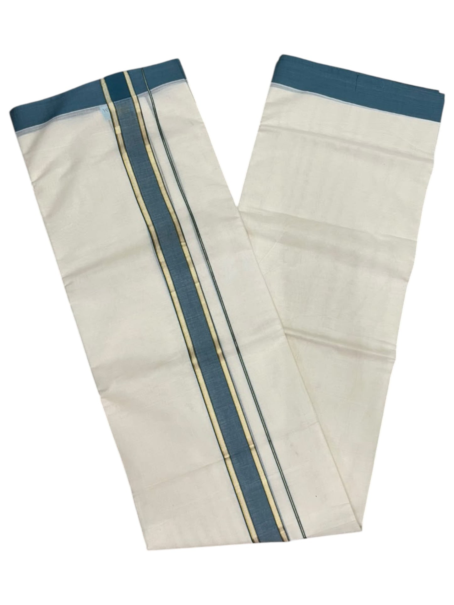 Southloom Pure Cotton Mundu with Gold Lines and Green Border (South Indian Kerala Dhoti)