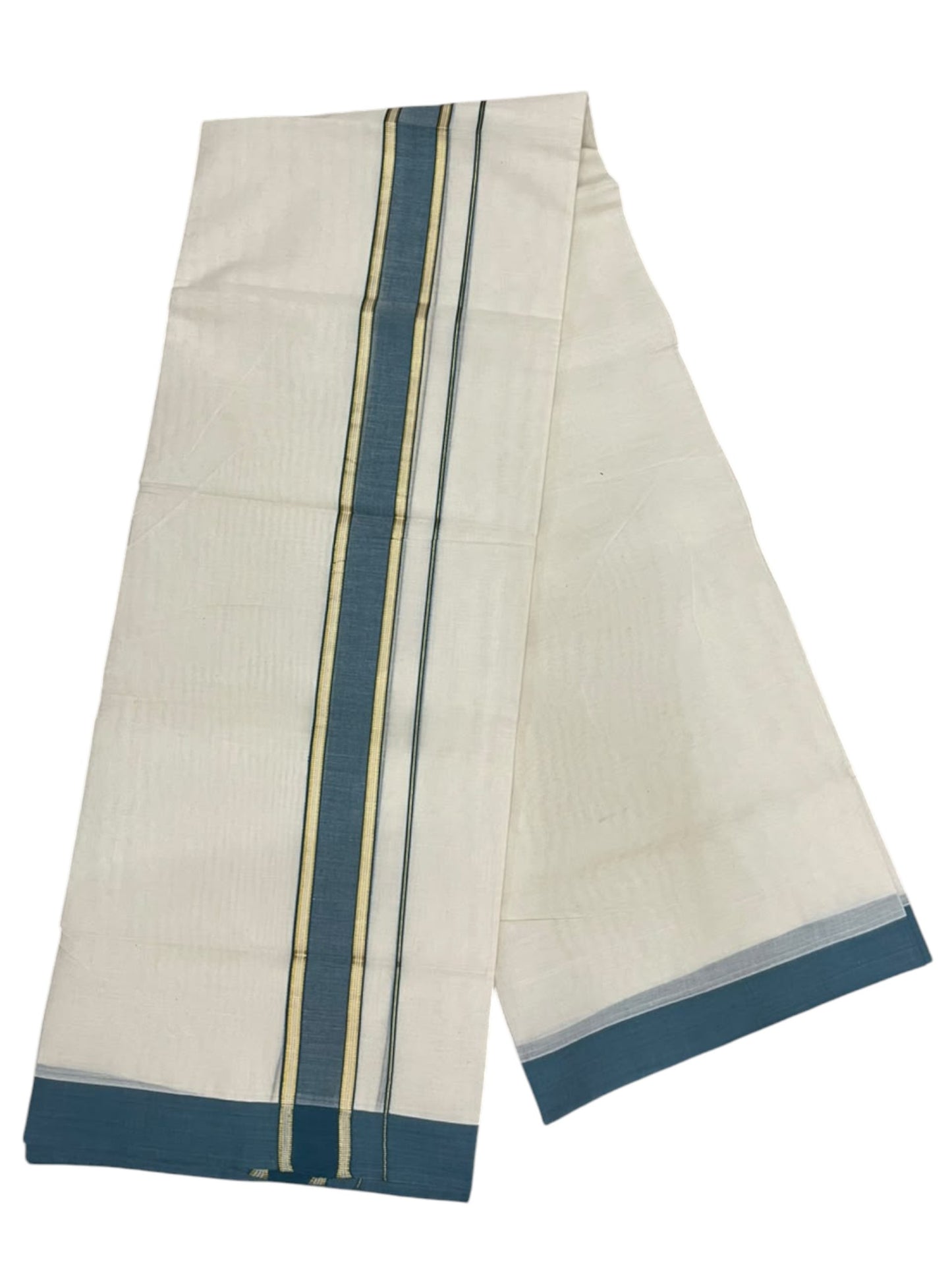 Southloom Pure Cotton Mundu with Gold Lines and Green Border (South Indian Kerala Dhoti)