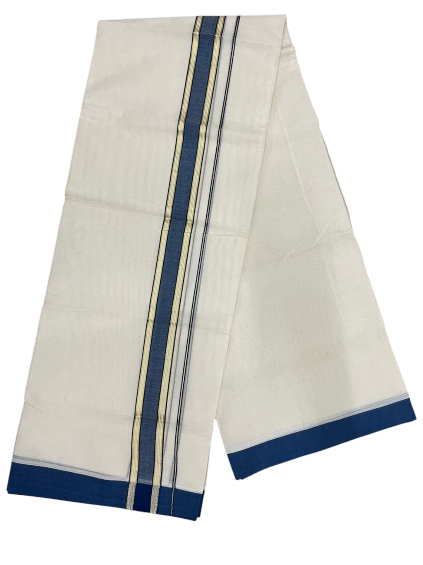 Southloom Pure Cotton Mundu with Gold Lines and Blue Border (South Indian Kerala Dhoti)