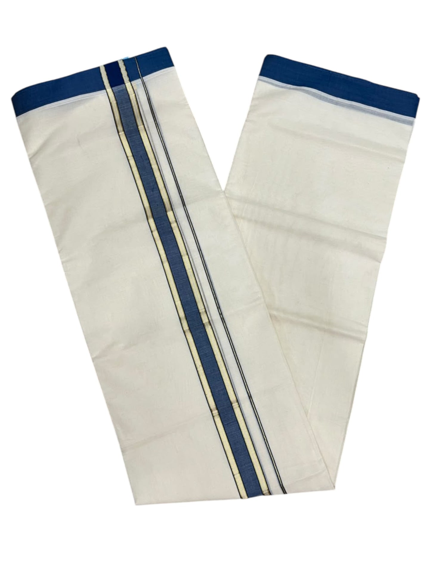 Southloom Pure Cotton Mundu with Gold Lines and Blue Border (South Indian Kerala Dhoti)