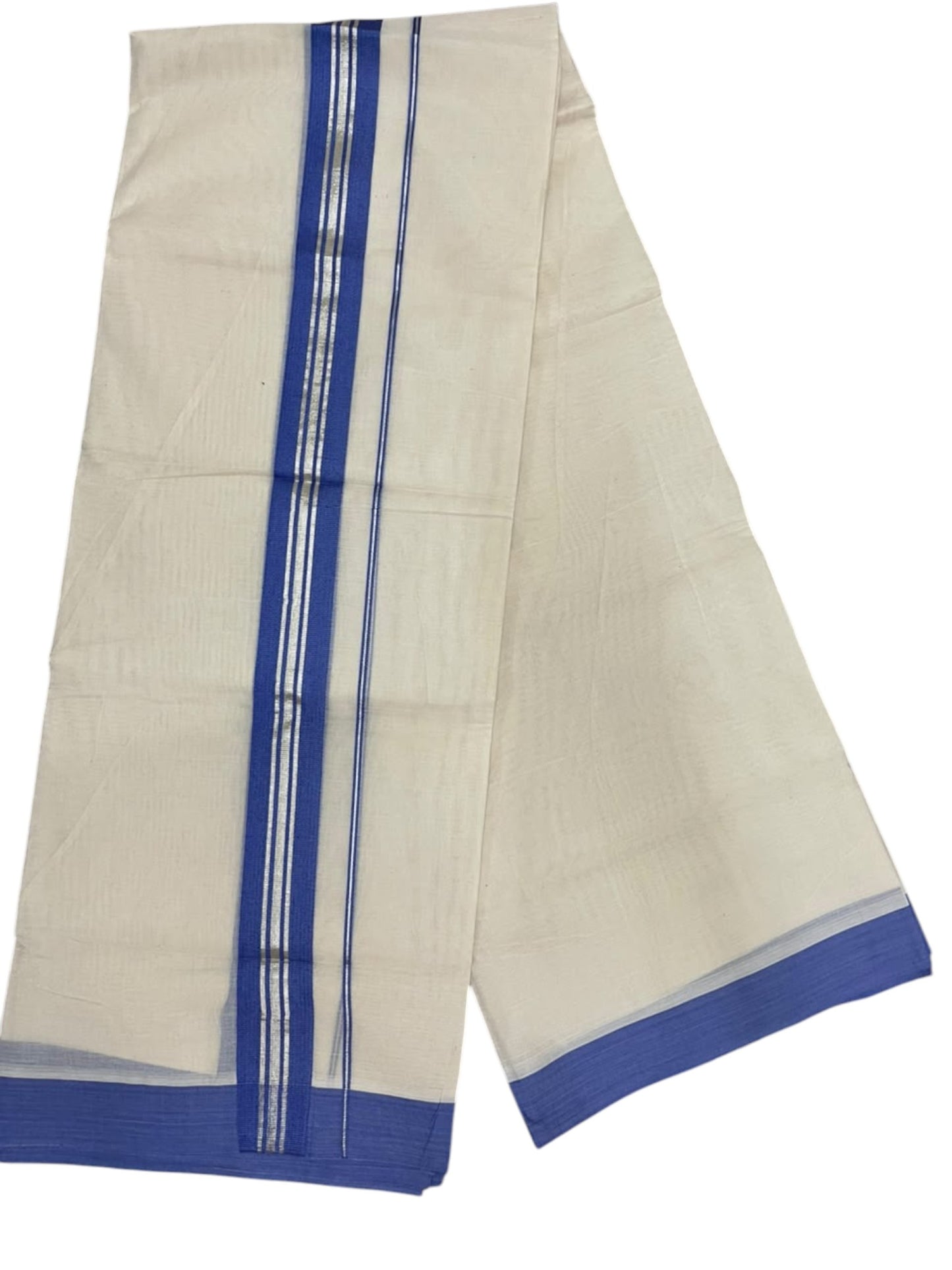 Southloom Pure Cotton Mundu with Silver Lines and Blue Border (South Indian Kerala Dhoti)