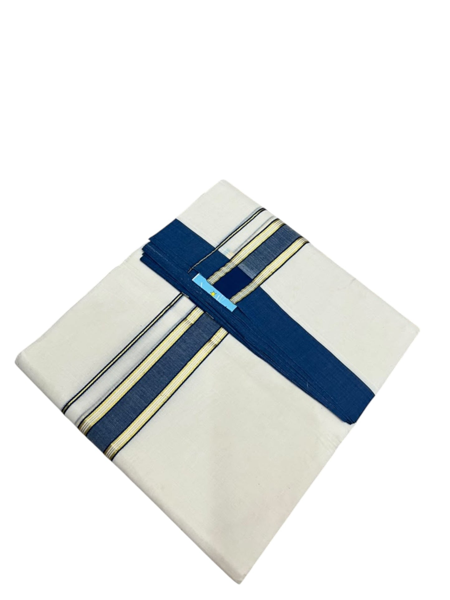 Southloom Pure Cotton Mundu with Gold Lines and Blue Border (South Indian Kerala Dhoti)