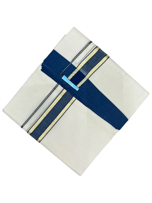 Southloom Pure Cotton Mundu with Gold Lines and Blue Border (South Indian Kerala Dhoti)