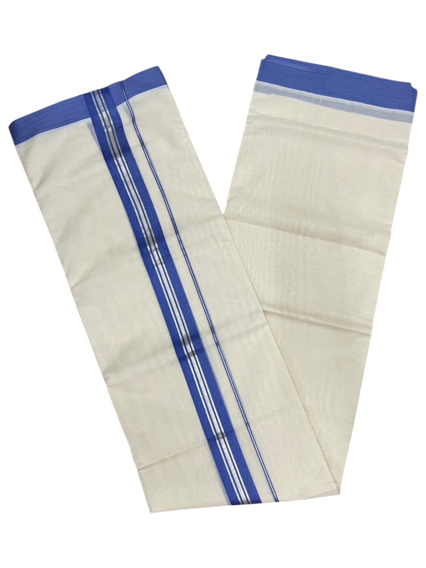 Southloom Pure Cotton Mundu with Silver Lines and Blue Border (South Indian Kerala Dhoti)