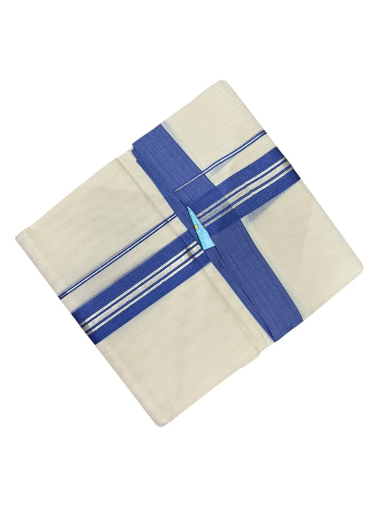 Southloom Pure Cotton Mundu with Silver Lines and Blue Border (South Indian Kerala Dhoti)
