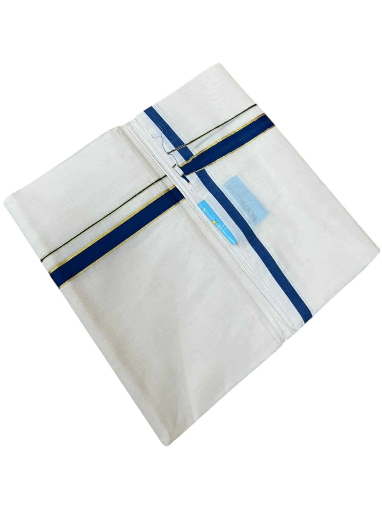 Southloom Pure Cotton Mundu with Gold Lines and Blue Border (South Indian Kerala Dhoti)