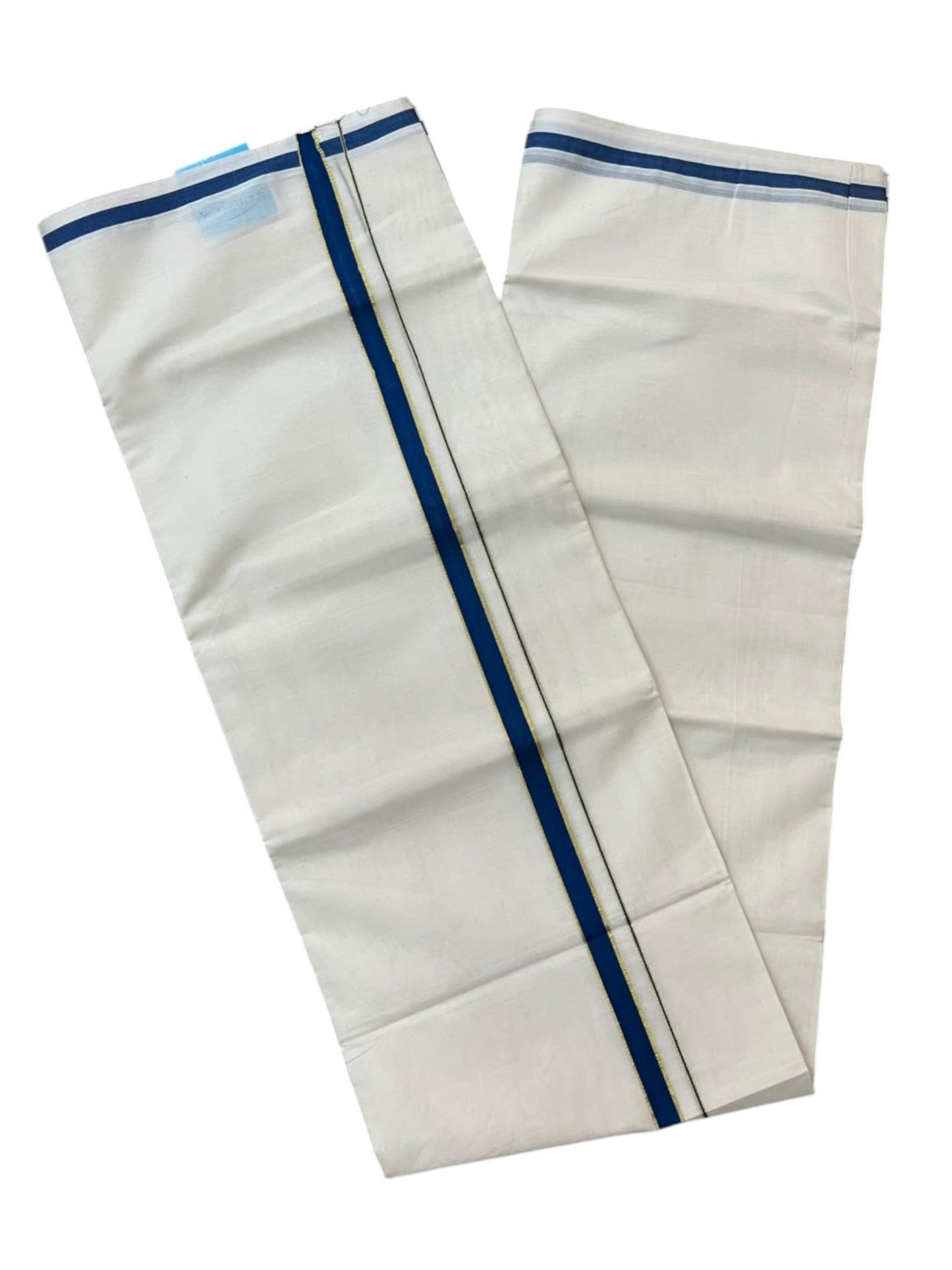 Southloom Pure Cotton Mundu with Gold Lines and Blue Border (South Indian Kerala Dhoti)