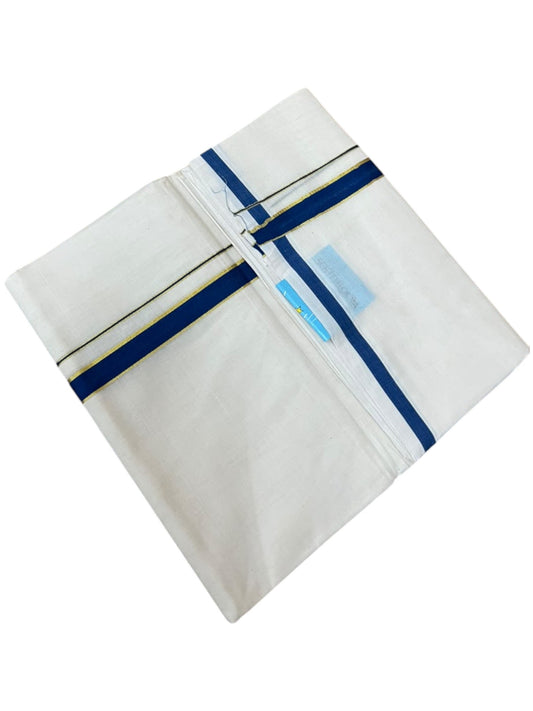 Southloom Pure Cotton Mundu with Gold Lines and Blue Border (South Indian Kerala Dhoti)