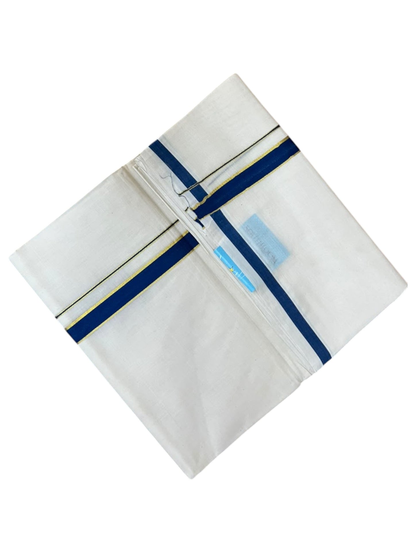 Southloom Pure Cotton Mundu with Gold Lines and Blue Border (South Indian Kerala Dhoti)