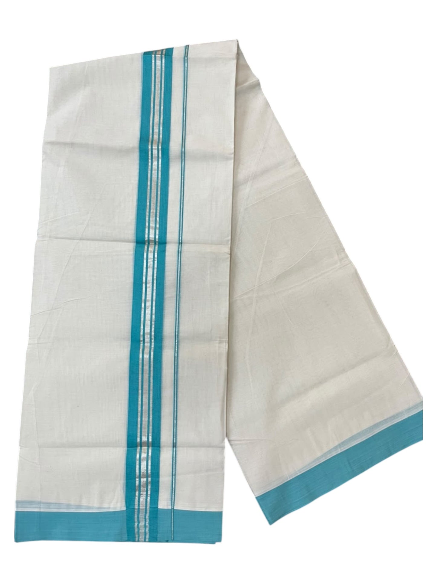 Southloom Pure Cotton Mundu with Silver Lines and Blue Border (South Indian Kerala Dhoti)