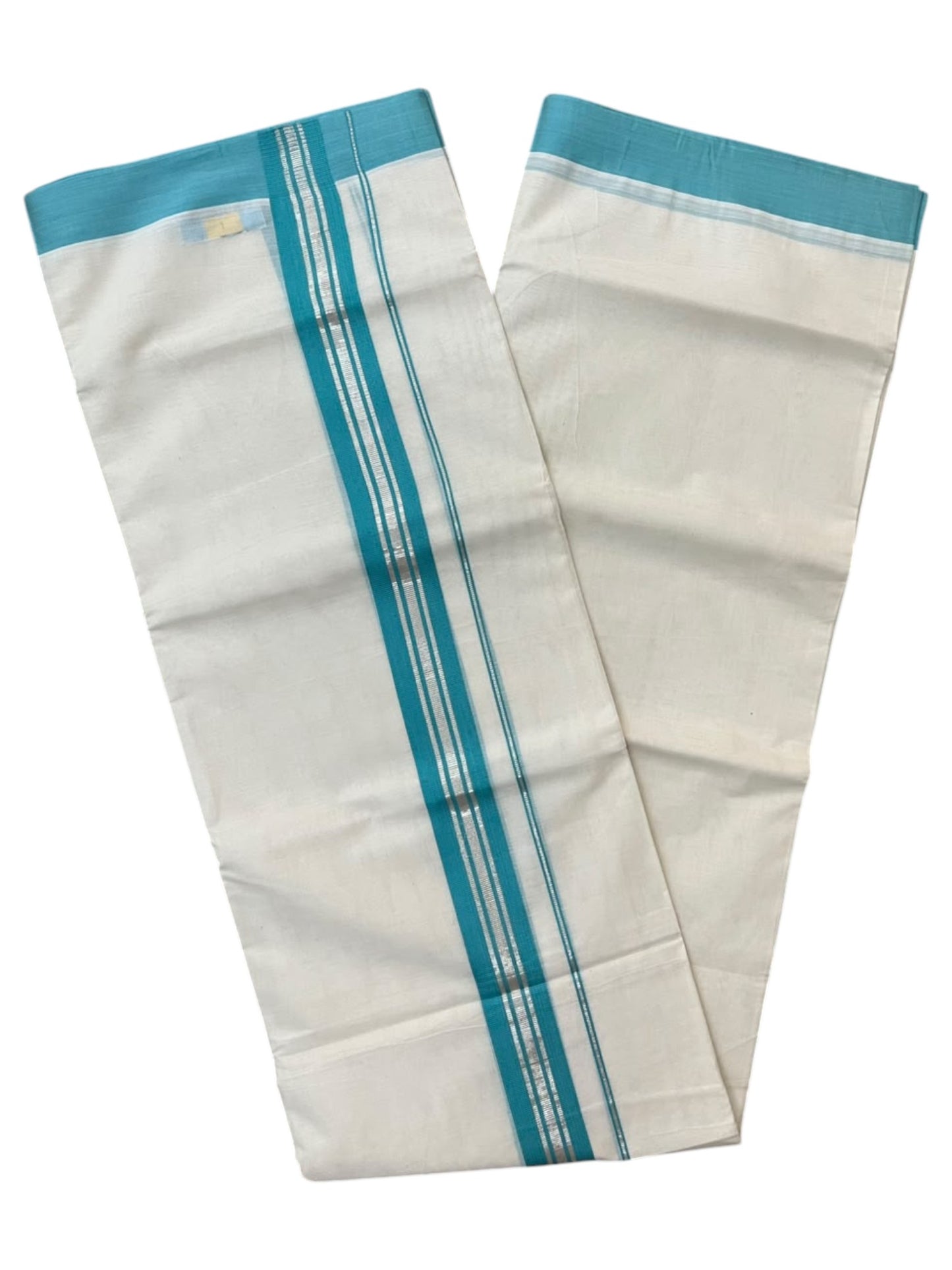 Southloom Pure Cotton Mundu with Silver Lines and Blue Border (South Indian Kerala Dhoti)