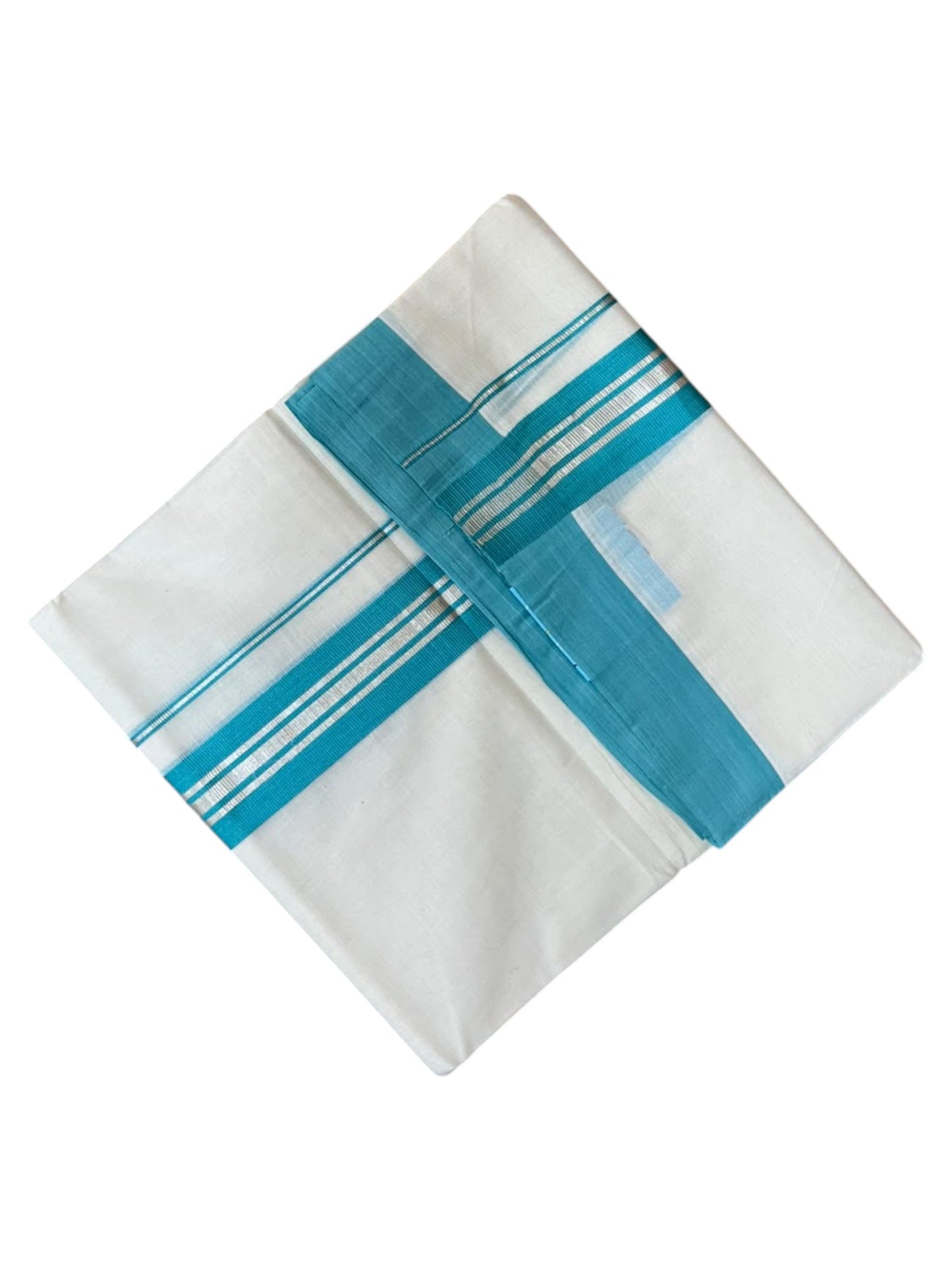 Southloom Pure Cotton Mundu with Silver Lines and Blue Border (South Indian Kerala Dhoti)