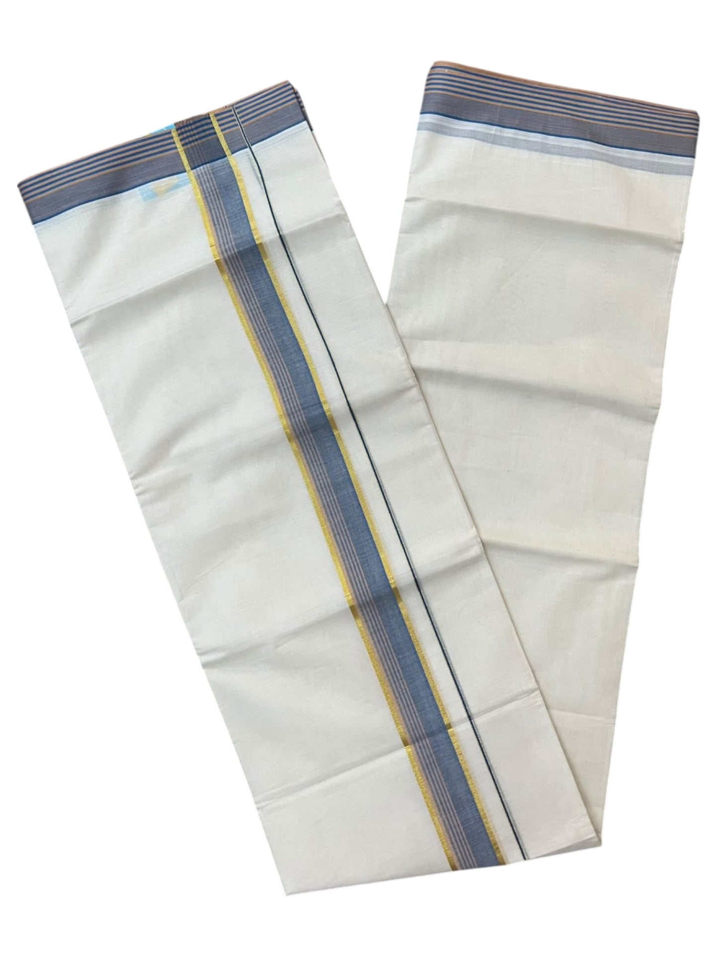 Southloom Pure Cotton Mundu with Gold Lines and Blue Border (South Indian Kerala Dhoti)