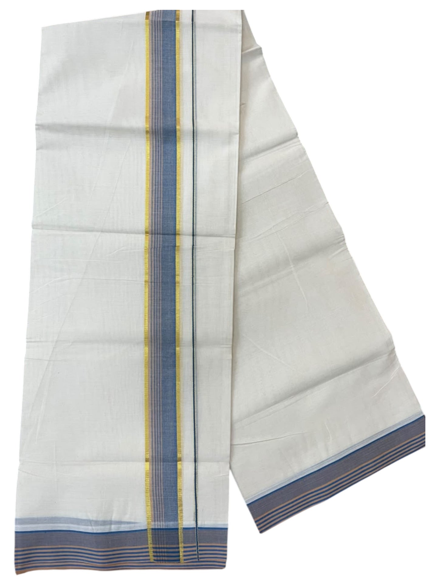 Southloom Pure Cotton Mundu with Gold Lines and Blue Border (South Indian Kerala Dhoti)