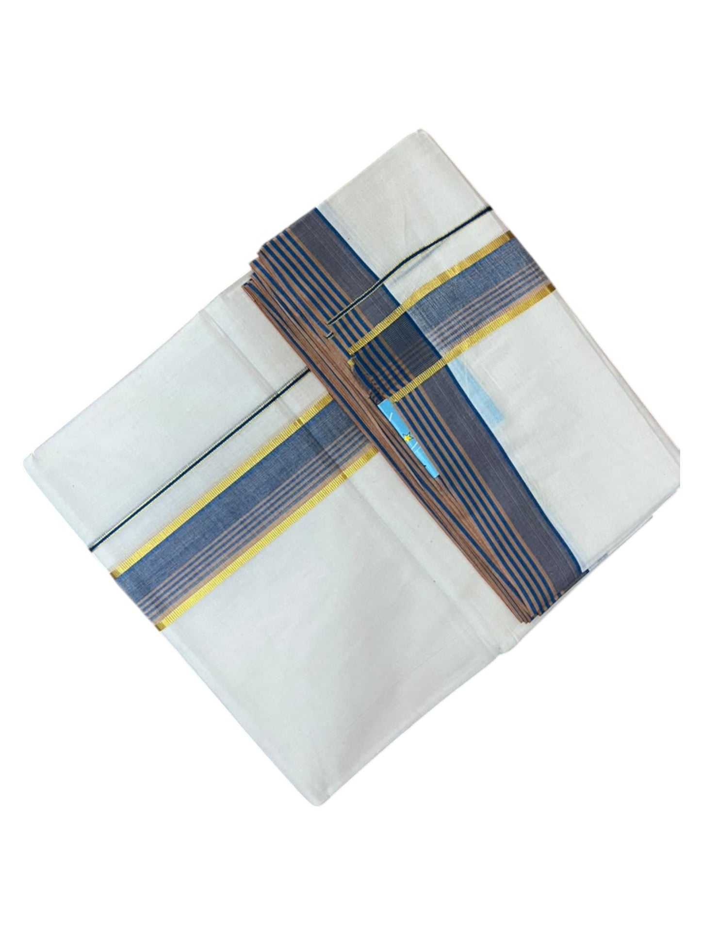 Southloom Pure Cotton Mundu with Gold Lines and Blue Border (South Indian Kerala Dhoti)