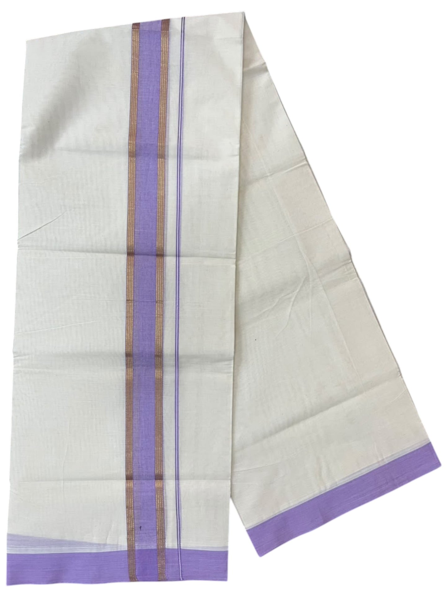 Southloom Pure Cotton Mundu with Gold Lines and Lavender Border (South Indian Kerala Dhoti)