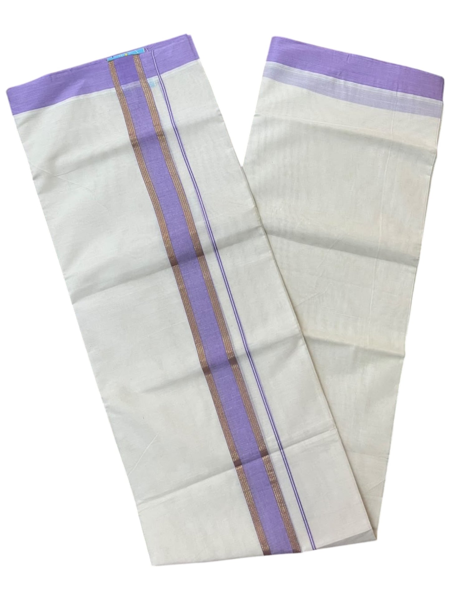 Southloom Pure Cotton Mundu with Gold Lines and Lavender Border (South Indian Kerala Dhoti)