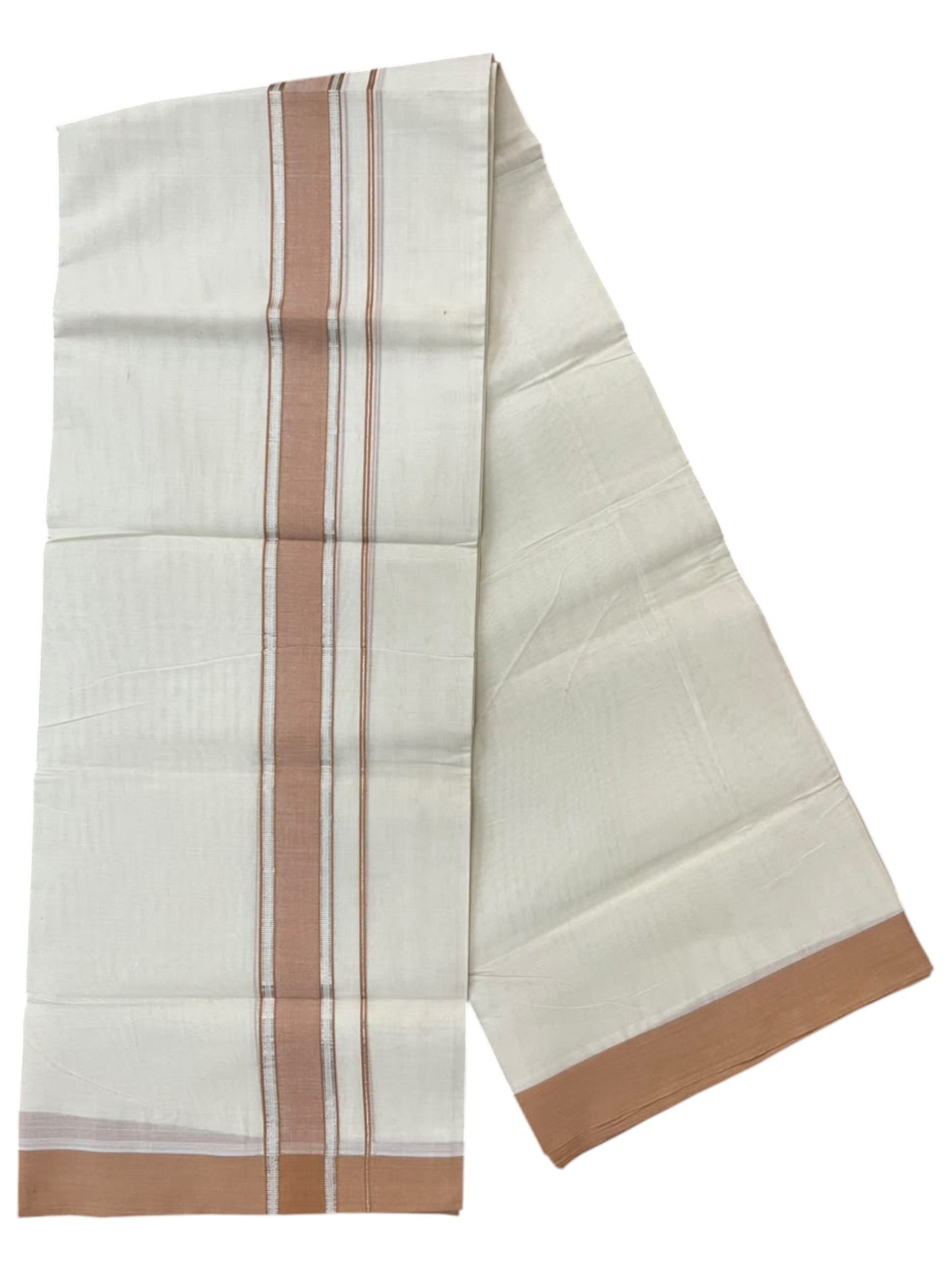 Southloom Pure Cotton Mundu with Silver Lines and Brown Border (South Indian Kerala Dhoti)