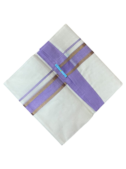 Southloom Pure Cotton Mundu with Gold Lines and Lavender Border (South Indian Kerala Dhoti)