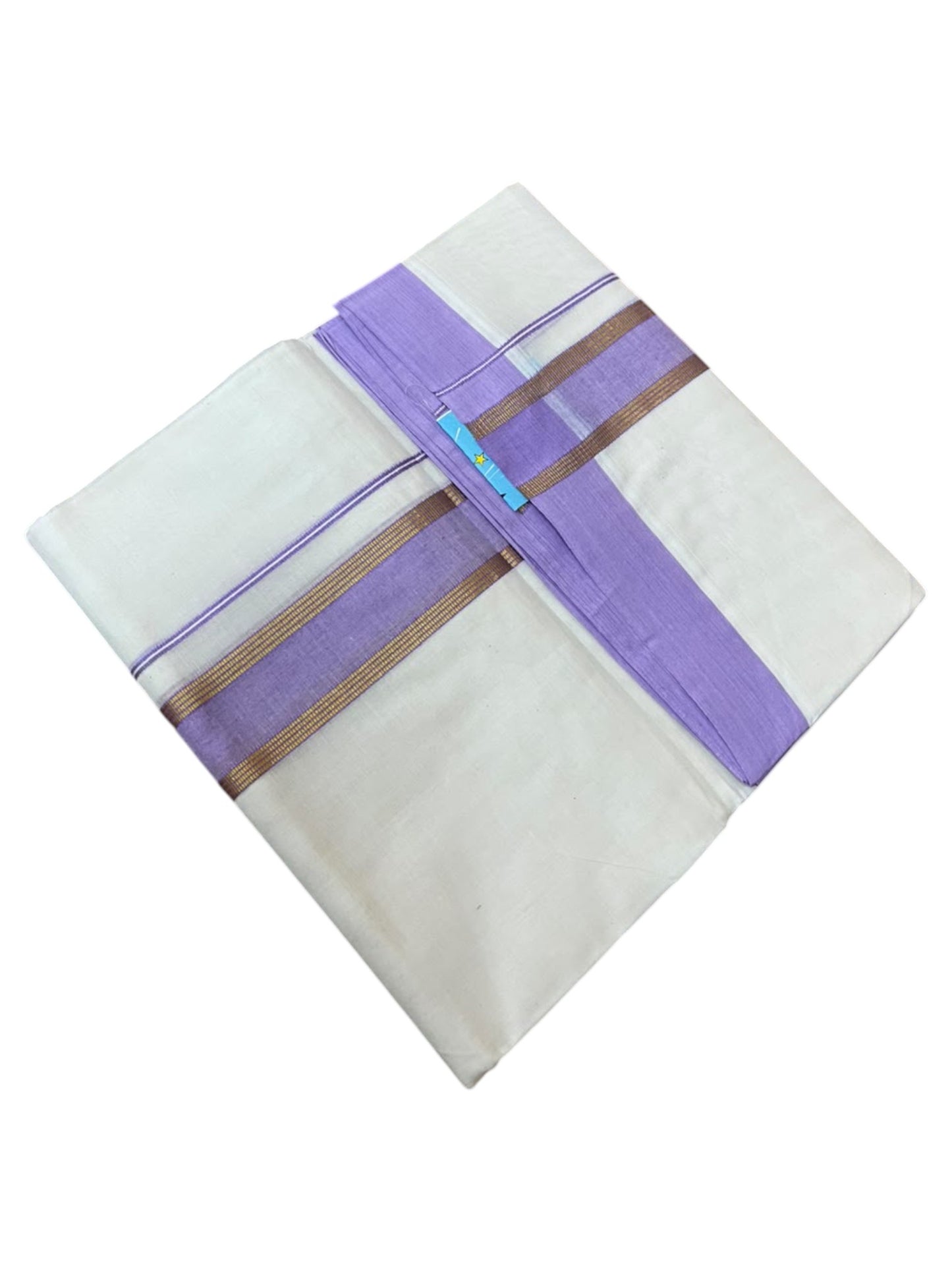 Southloom Pure Cotton Mundu with Gold Lines and Lavender Border (South Indian Kerala Dhoti)