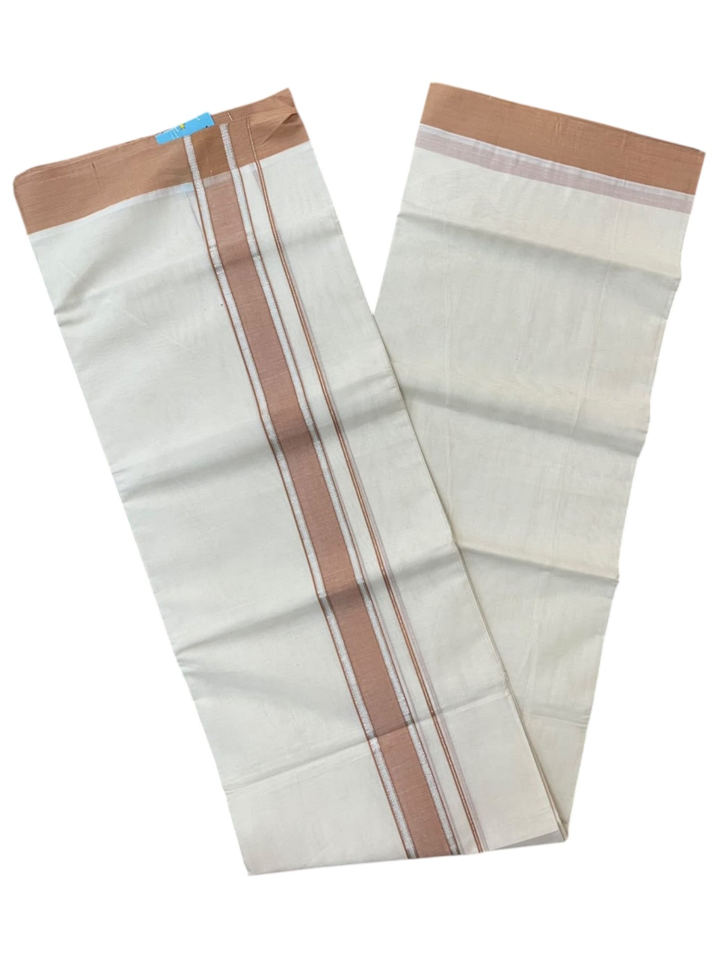 Southloom Pure Cotton Mundu with Silver Lines and Brown Border (South Indian Kerala Dhoti)