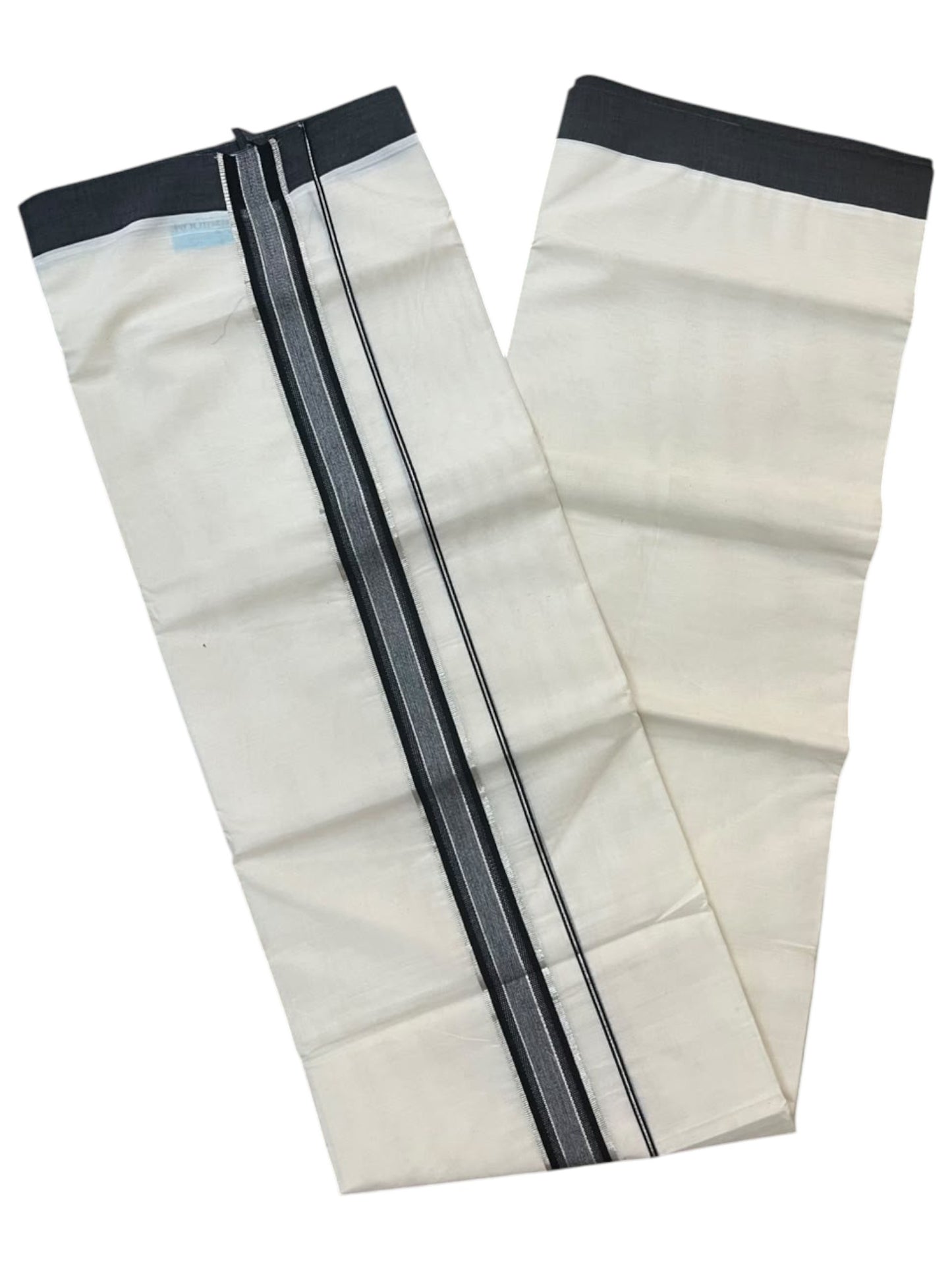Southloom Pure Cotton Mundu with Silver Lines and Black Border (South Indian Kerala Dhoti)