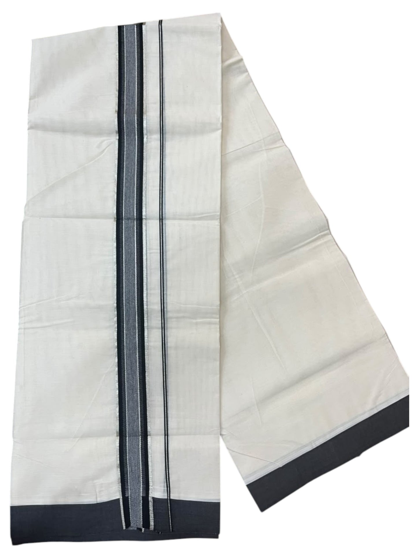 Southloom Pure Cotton Mundu with Silver Lines and Black Border (South Indian Kerala Dhoti)