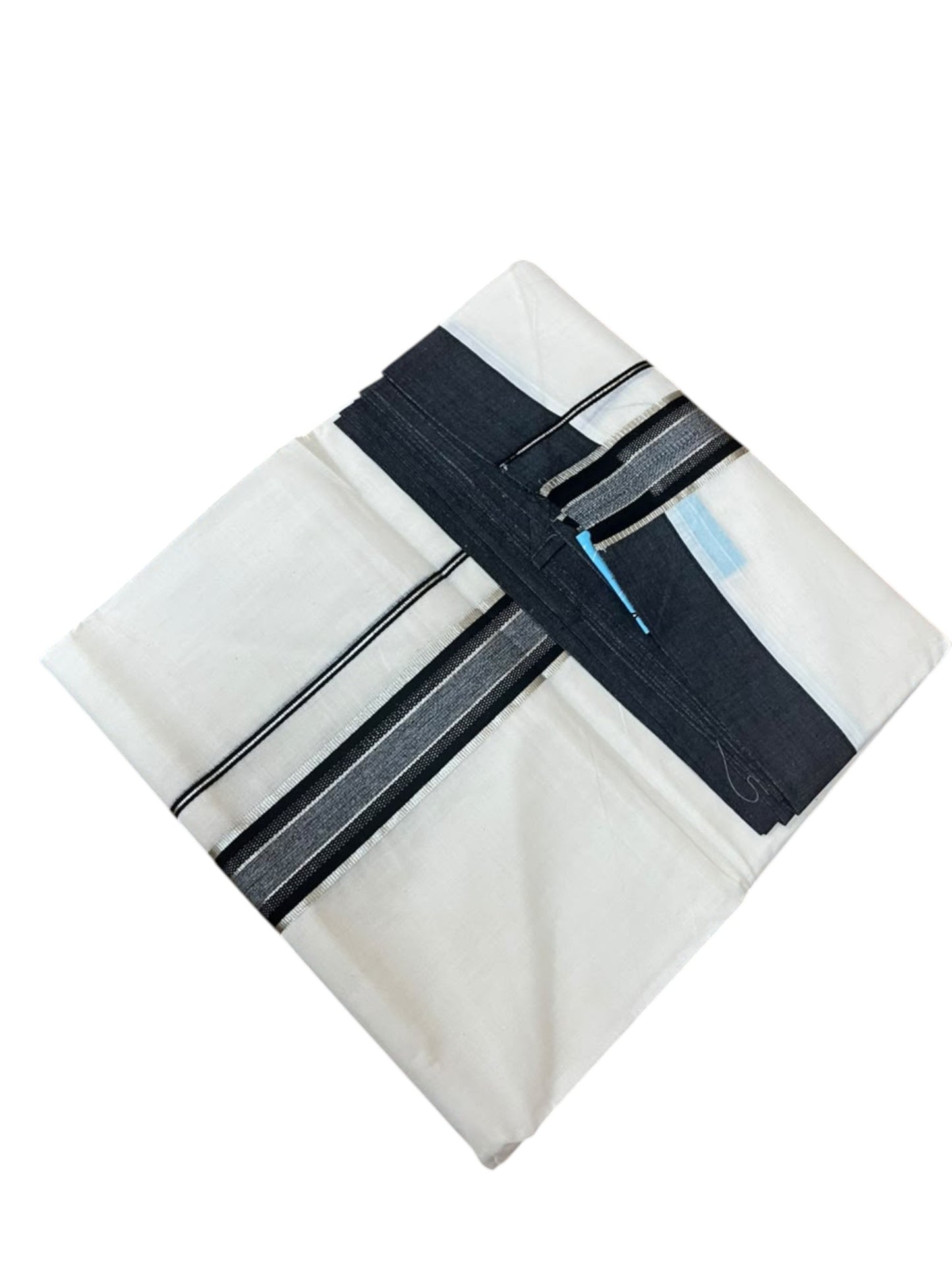 Southloom Pure Cotton Mundu with Silver Lines and Black Border (South Indian Kerala Dhoti)
