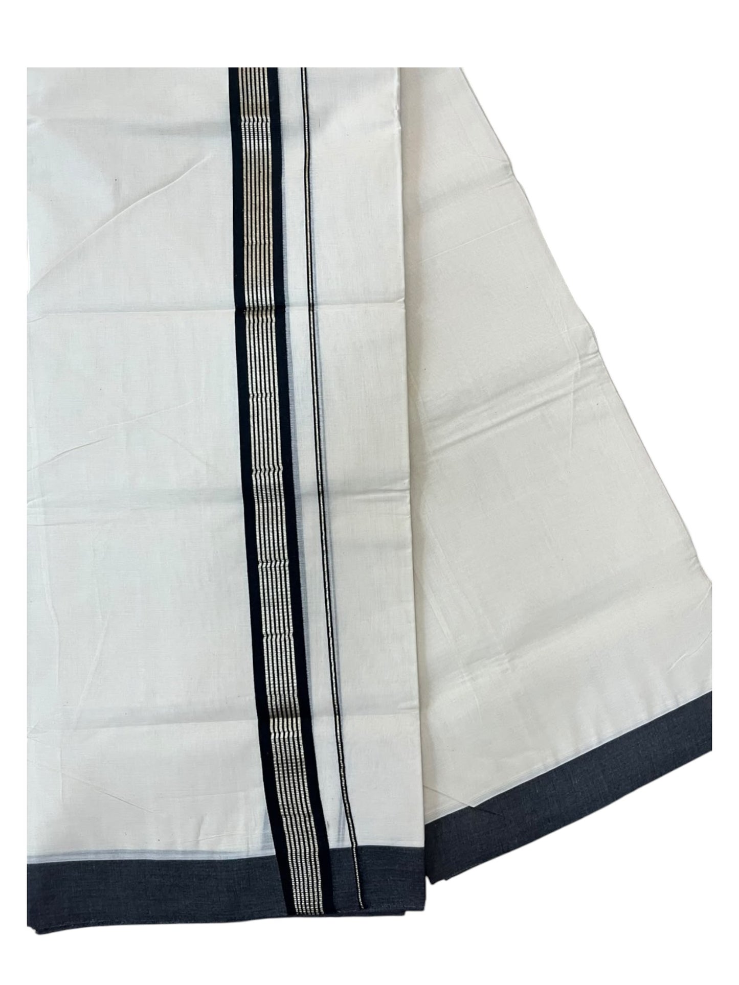 Southloom Pure Cotton Mundu with Siver Lines and Black Border (South Indian Kerala Dhoti)