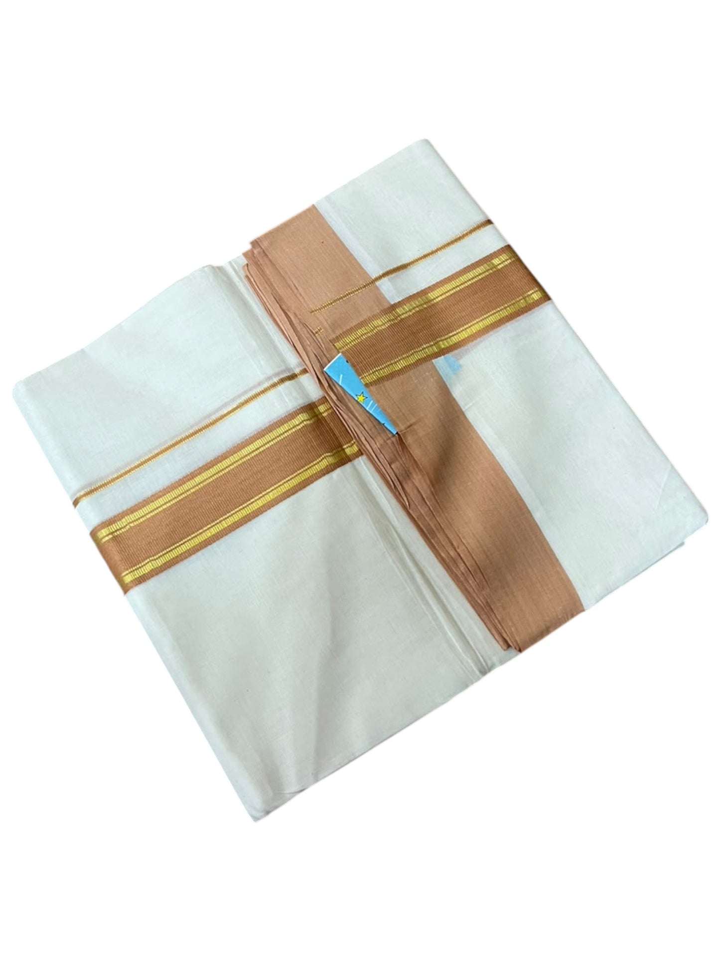 Southloom Pure Cotton Mundu with Gold Lines and Peach Border (South Indian Kerala Dhoti)