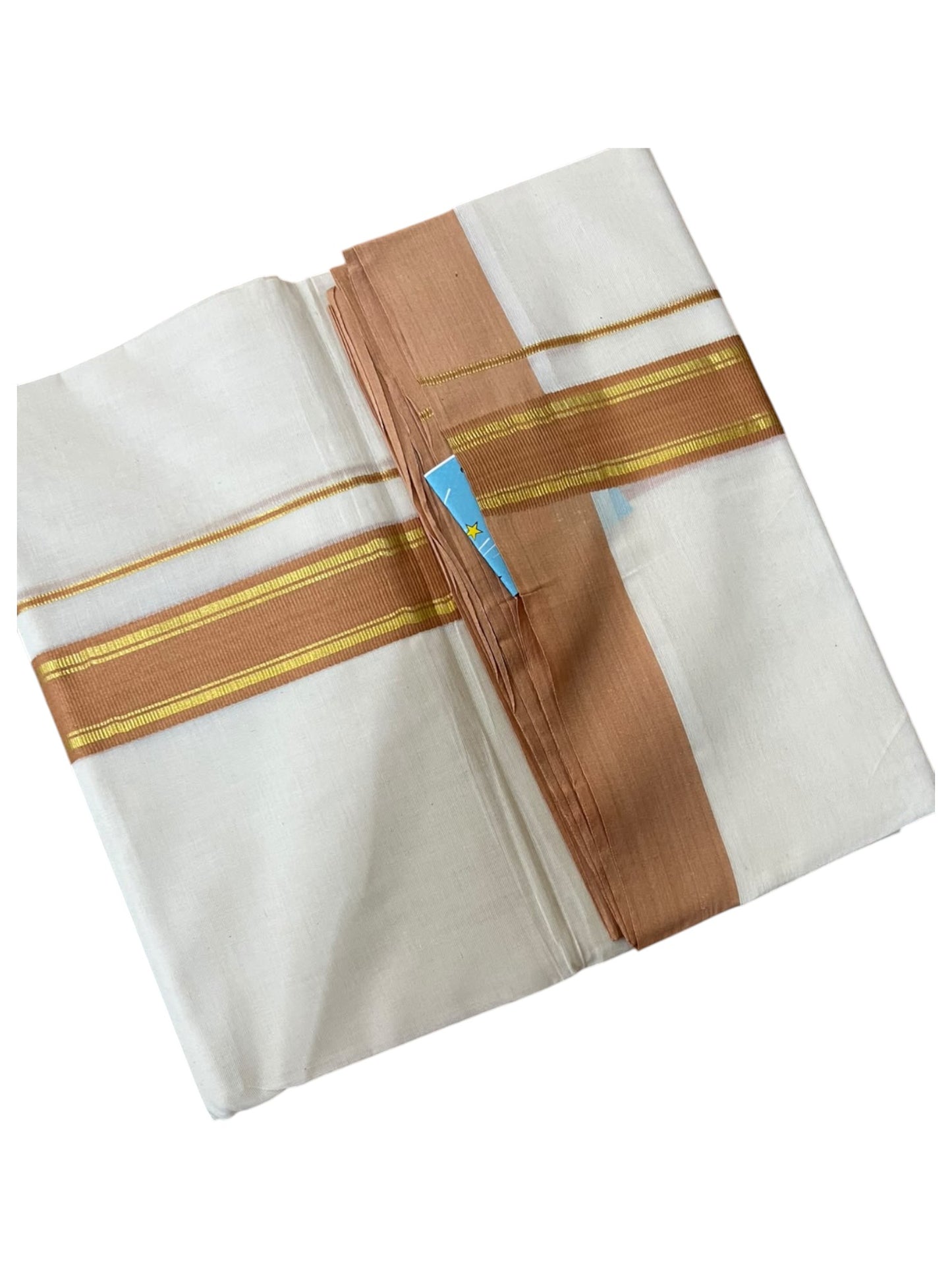 Southloom Pure Cotton Mundu with Gold Lines and Peach Border (South Indian Kerala Dhoti)