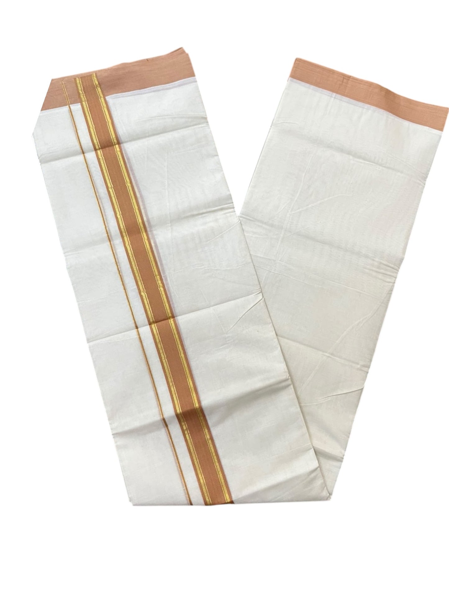Southloom Pure Cotton Mundu with Gold Lines and Peach Border (South Indian Kerala Dhoti)