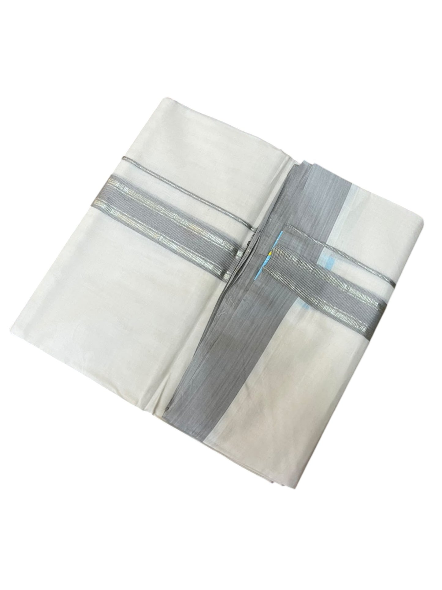 Southloom Pure Cotton Mundu with Silver Lines and Gray Border (South Indian Kerala Dhoti)