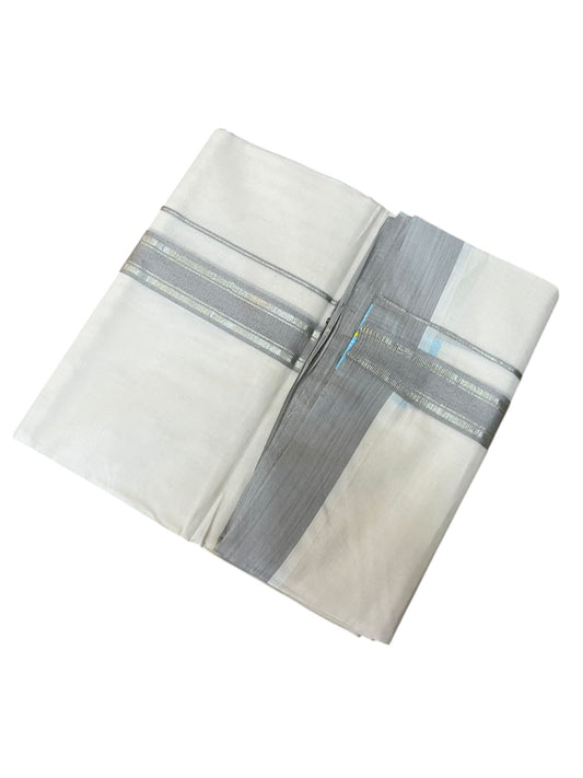 Southloom Pure Cotton Mundu with Silver Lines and Gray Border (South Indian Kerala Dhoti)