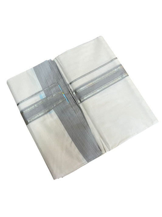 Southloom Pure Cotton Mundu with Silver Lines and Gray Border (South Indian Kerala Dhoti)