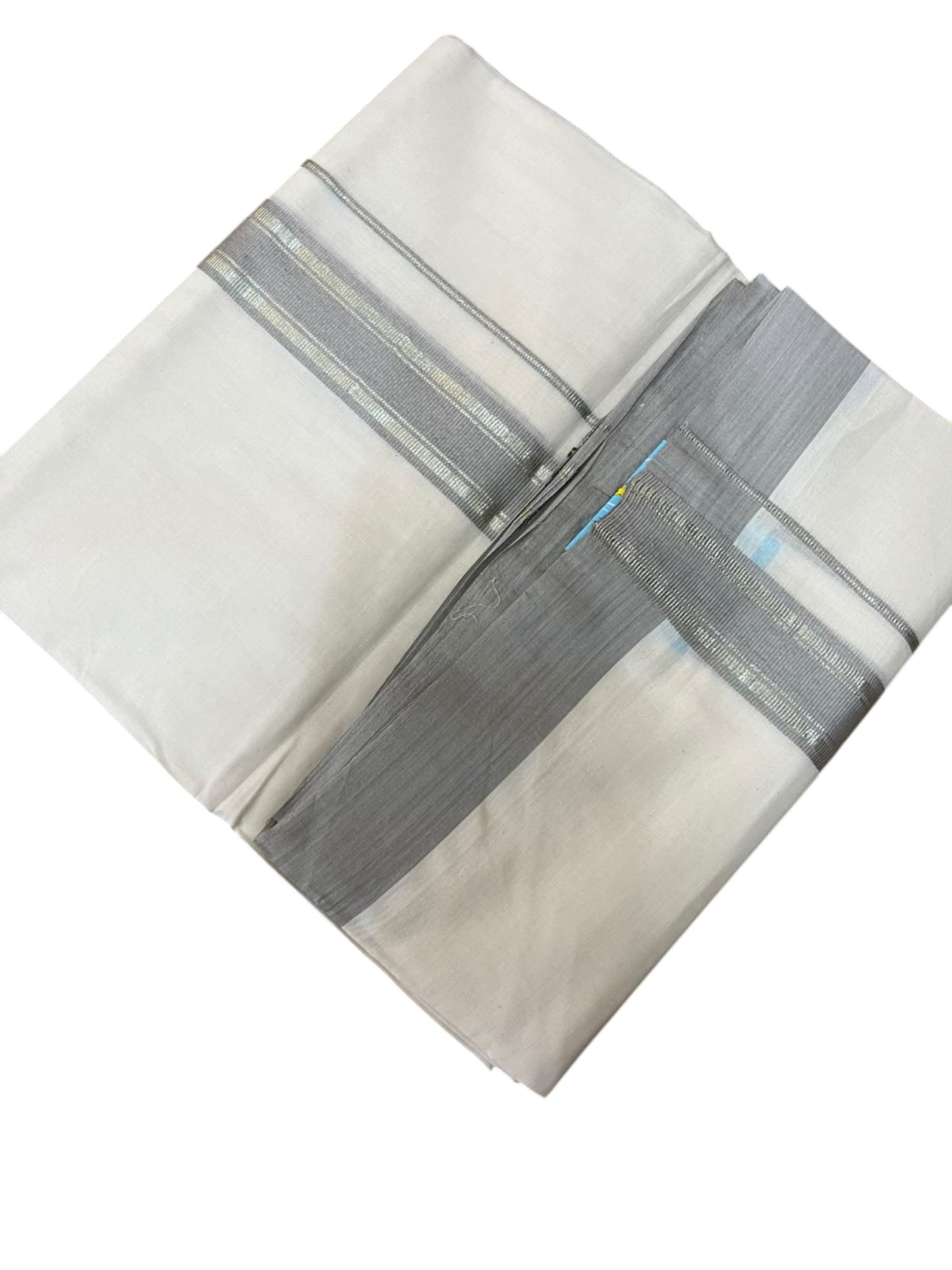 Southloom Pure Cotton Mundu with Silver Lines and Gray Border (South Indian Kerala Dhoti)