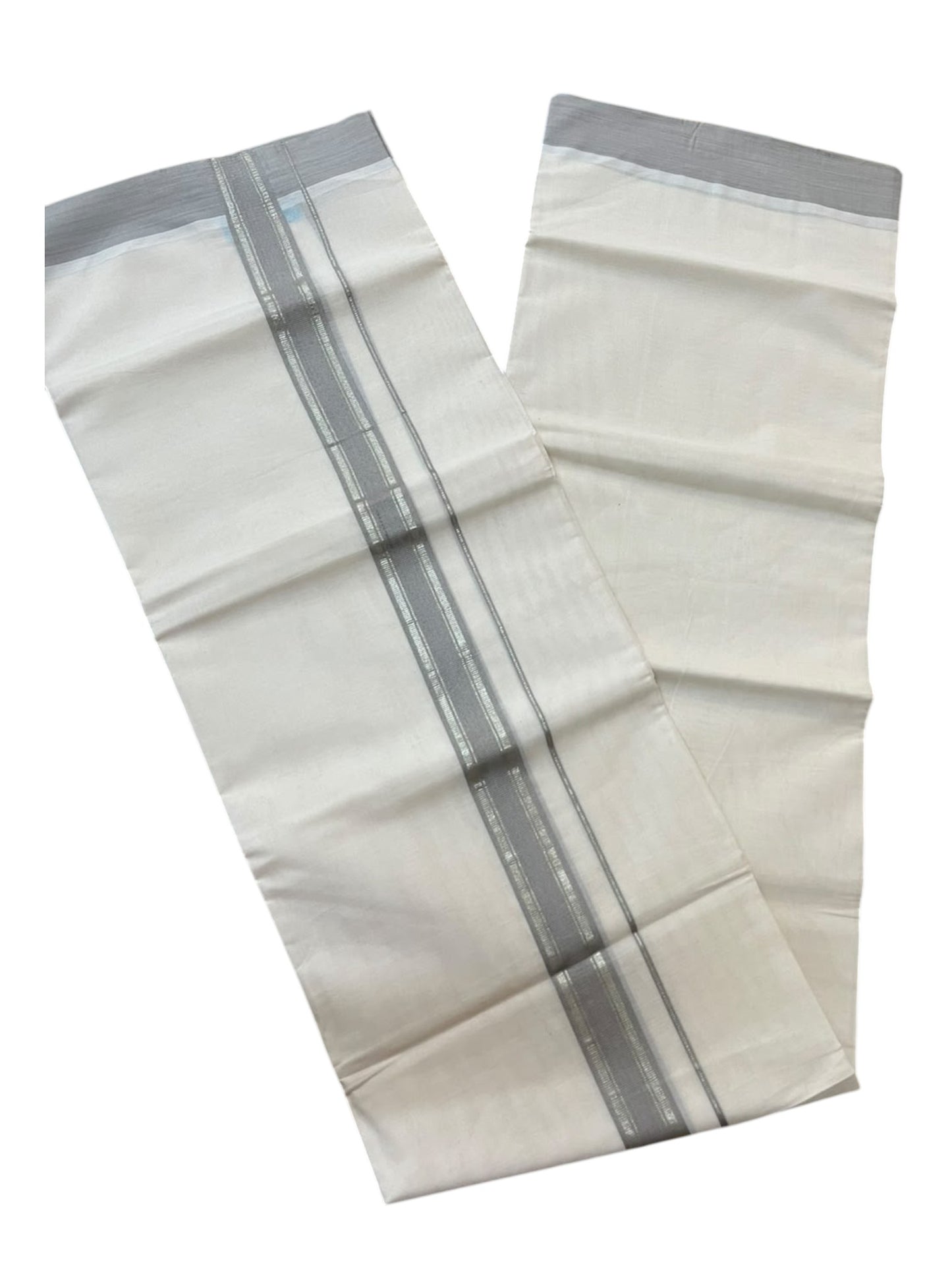 Southloom Pure Cotton Mundu with Silver Lines and Gray Border (South Indian Kerala Dhoti)