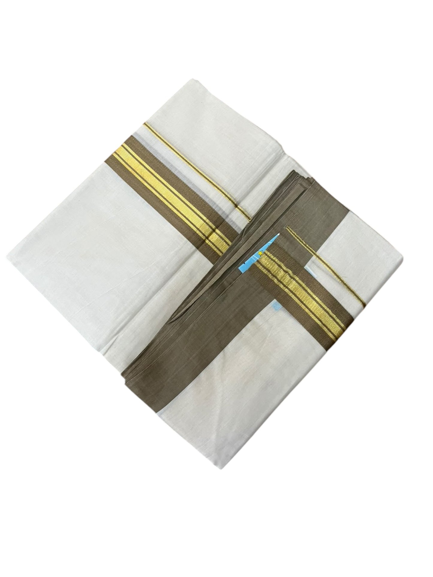 Southloom Pure Cotton Mundu with Gold Lines and Olive Green Border (South Indian Kerala Dhoti)