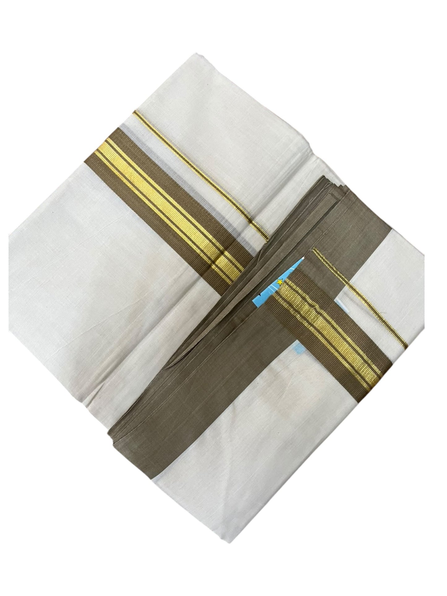 Southloom Pure Cotton Mundu with Gold Lines and Olive Green Border (South Indian Kerala Dhoti)